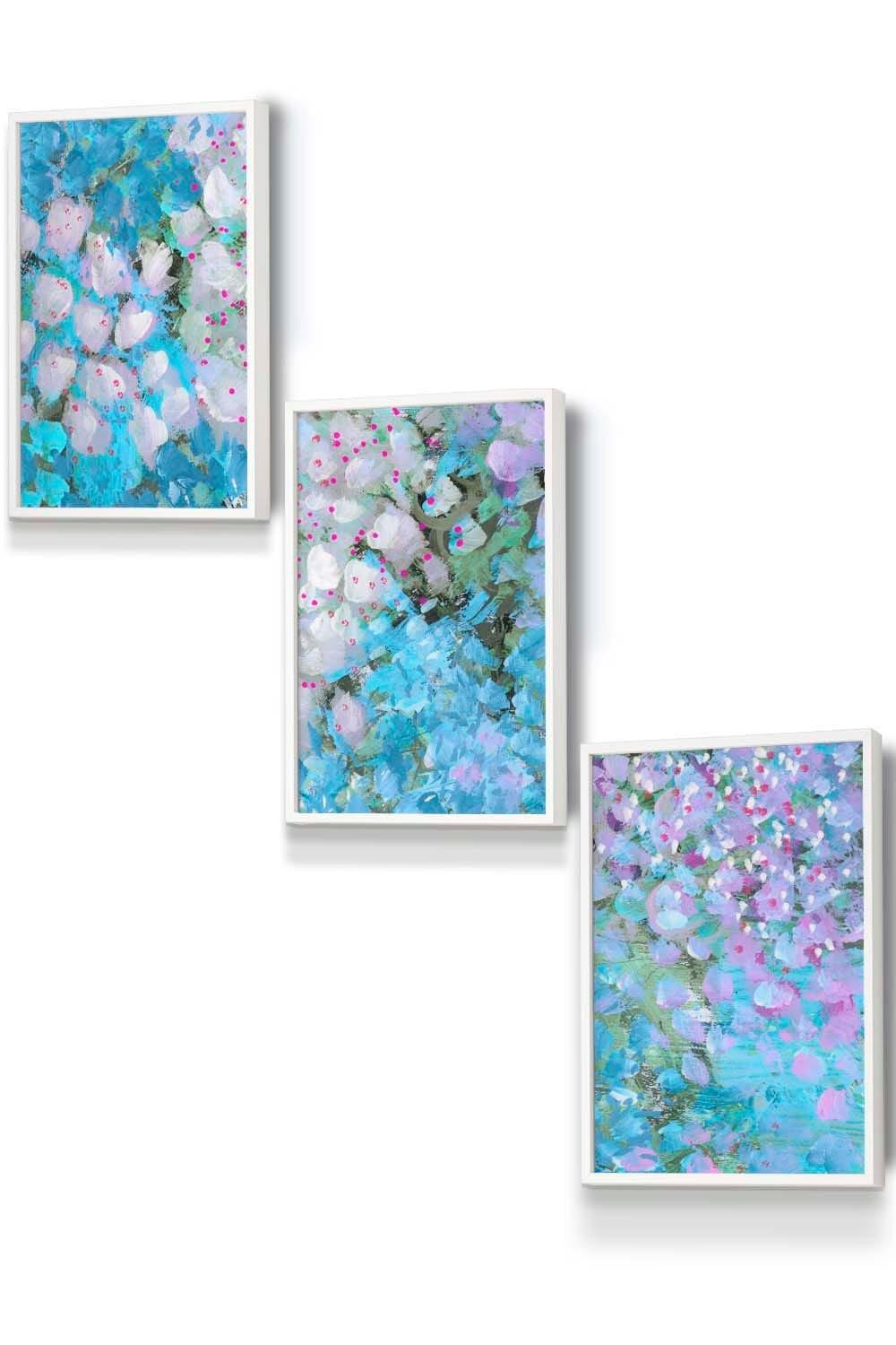 Set of 3 White Framed Abstract Cottage Garden Flowers in Blue Wall Art
